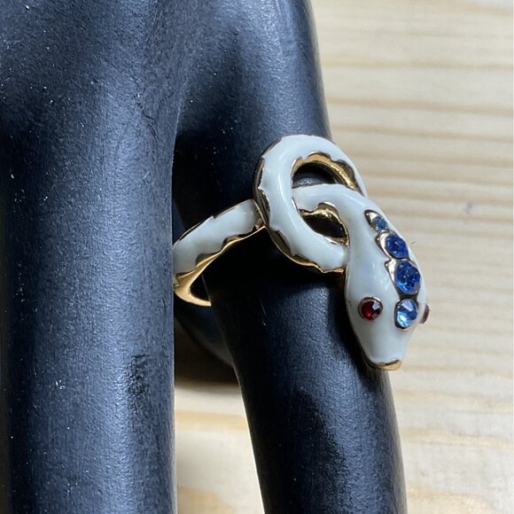 Gold Tone White Enamel Blue and Red Snake Ring - Picture 2 of 5